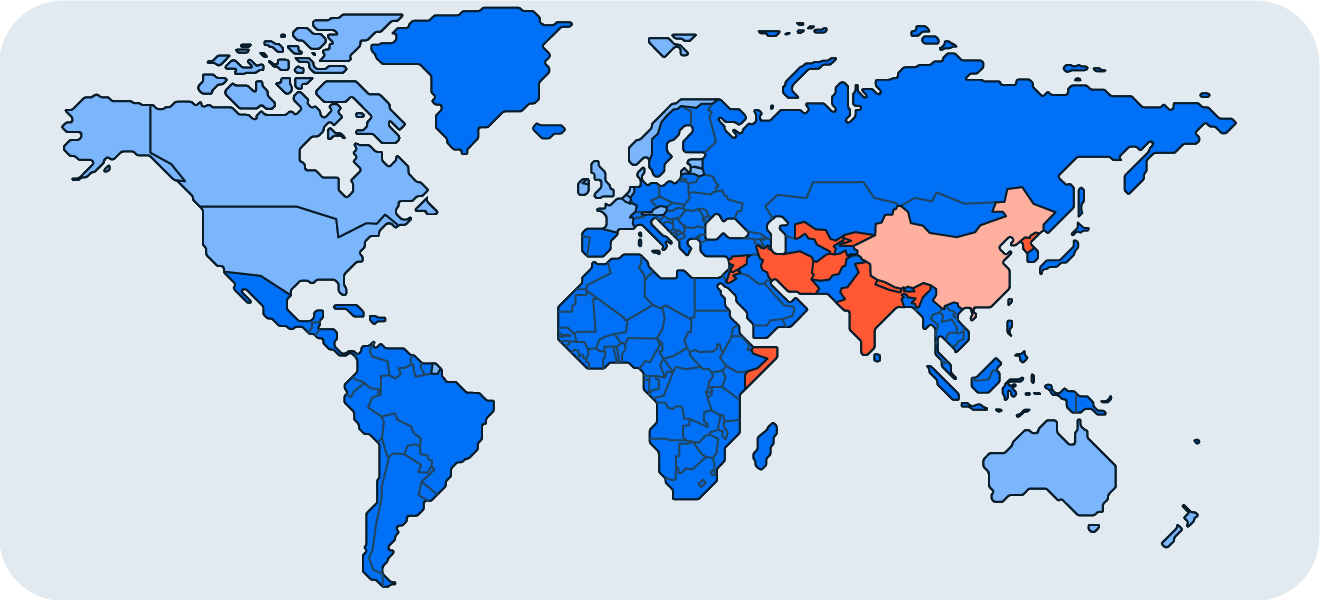 已禁令或限制 TikTok 的国家。
